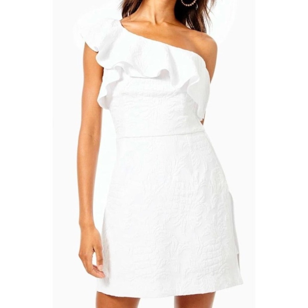 Lilly Pulitzer White Jacquard Pineapple One Shoulder Ruffle Romper Dress 12